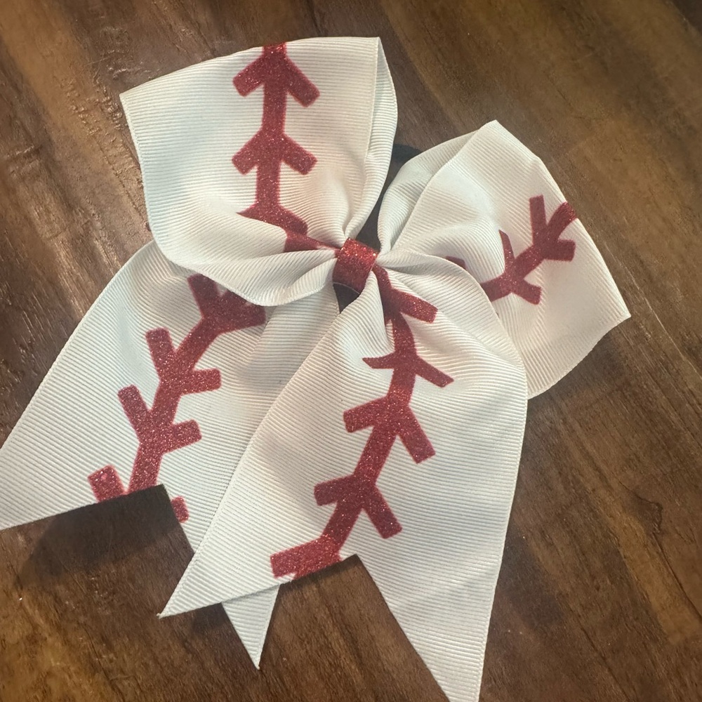 White and Red Baseball Stitch Hair Bow